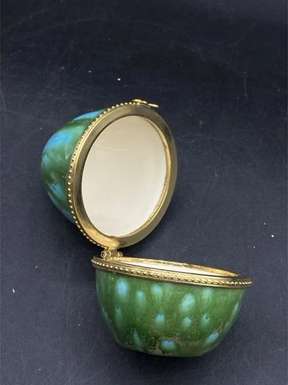 Egg Shaped Hinged Trinket Box Ceramic Vintage Green Blue Tie Dye